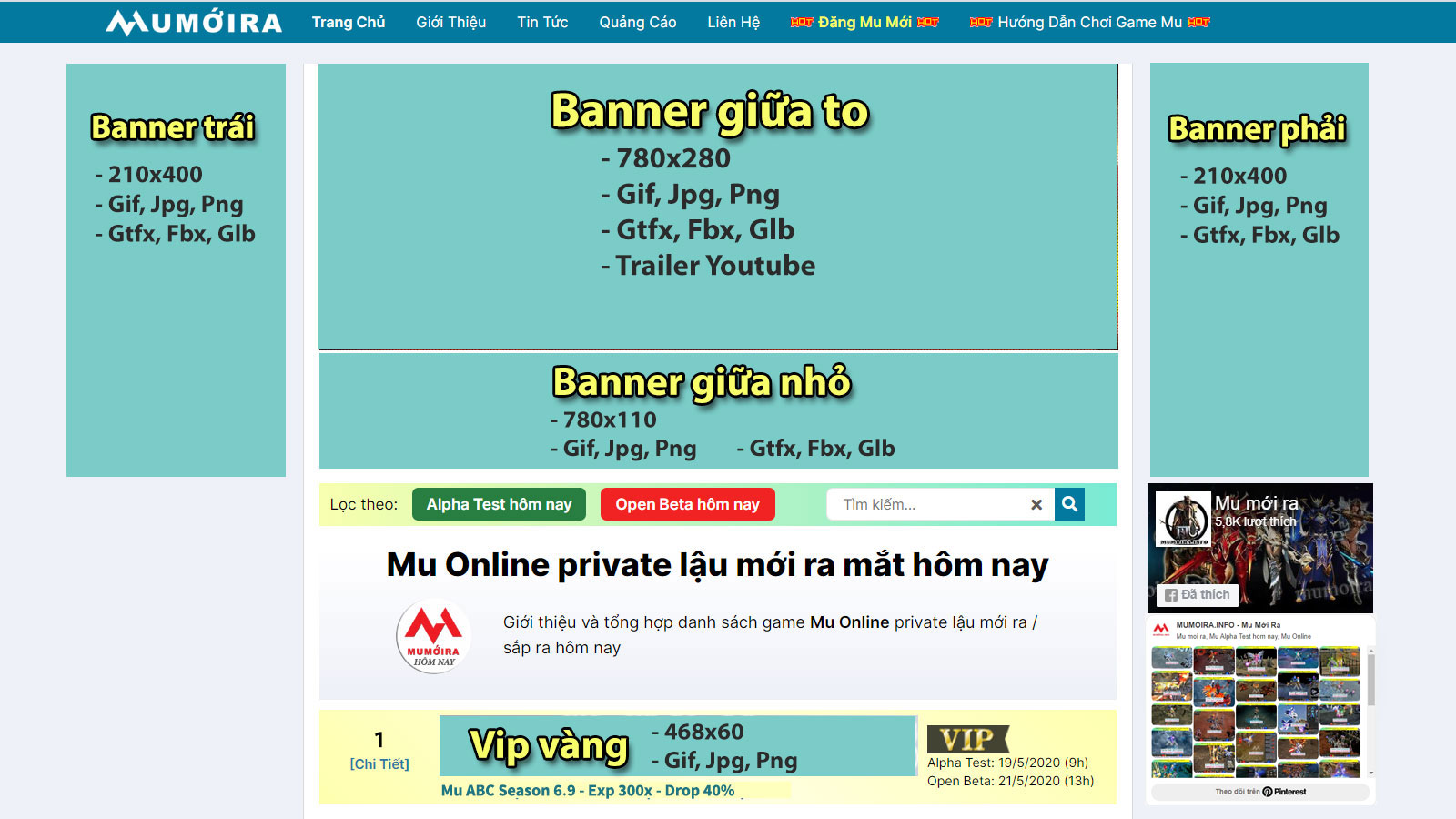 Các vị trí quảng cáo tại website mumoira.io